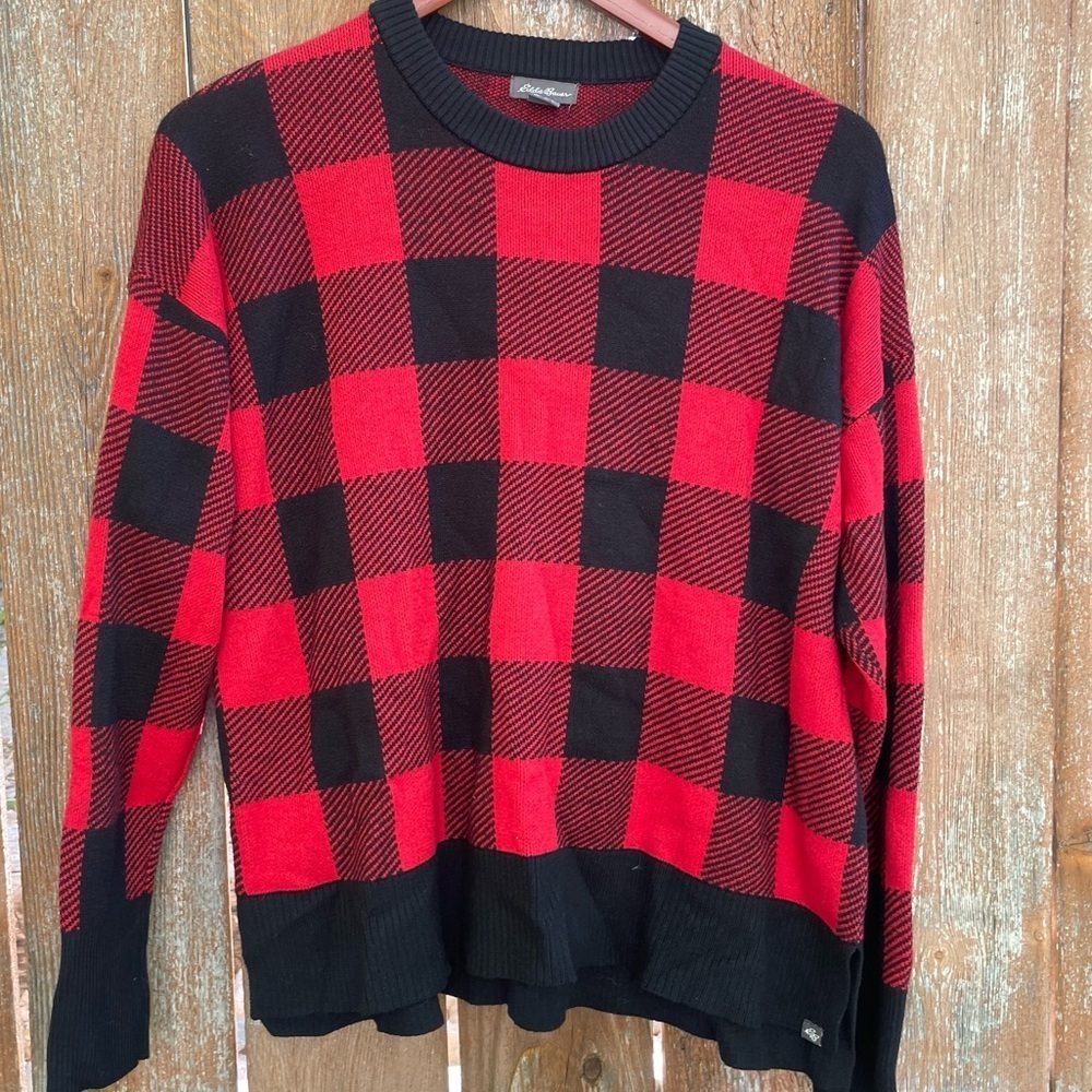 EDDIE BAUER Women’s Buffalo Red Black Check Crewneck Sweater Size Medium